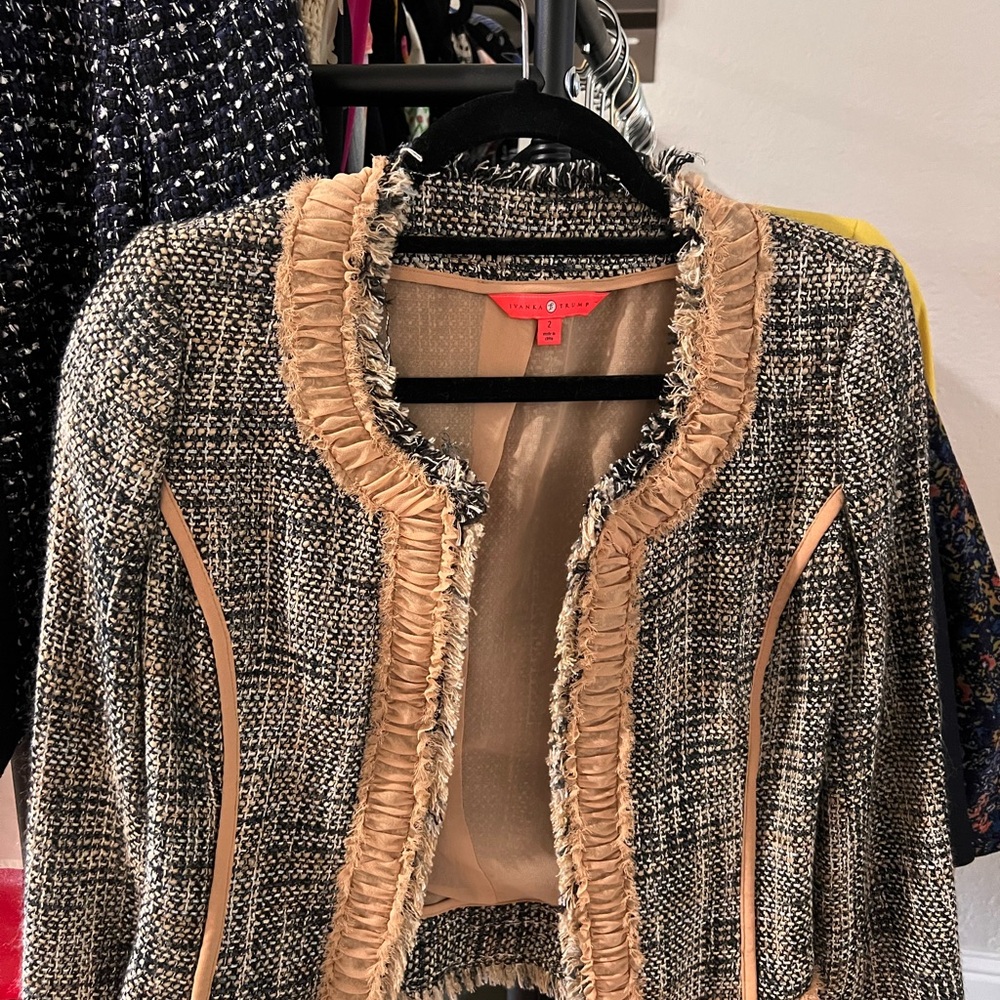 Ivanka Trump Black and Cream Tweed Blazer with Fringe